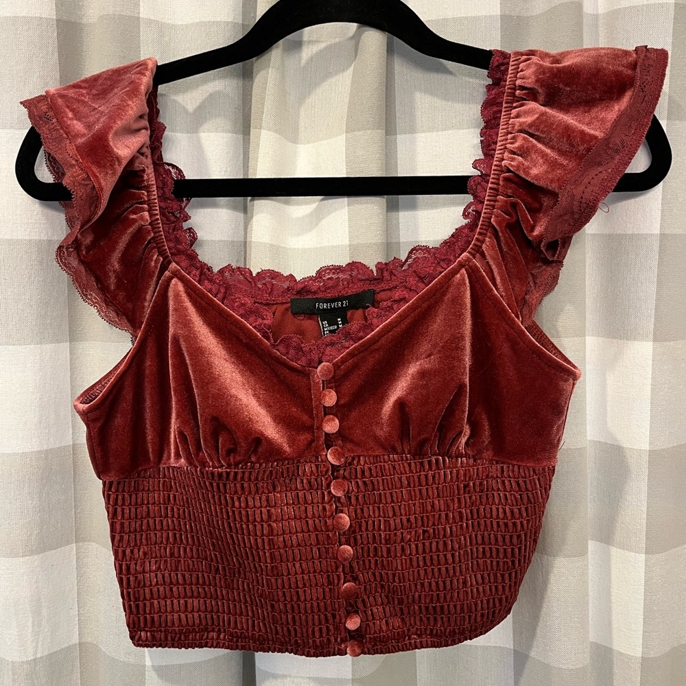 Forever 21 Velvet Button-Down Crop Top - Burgundy
